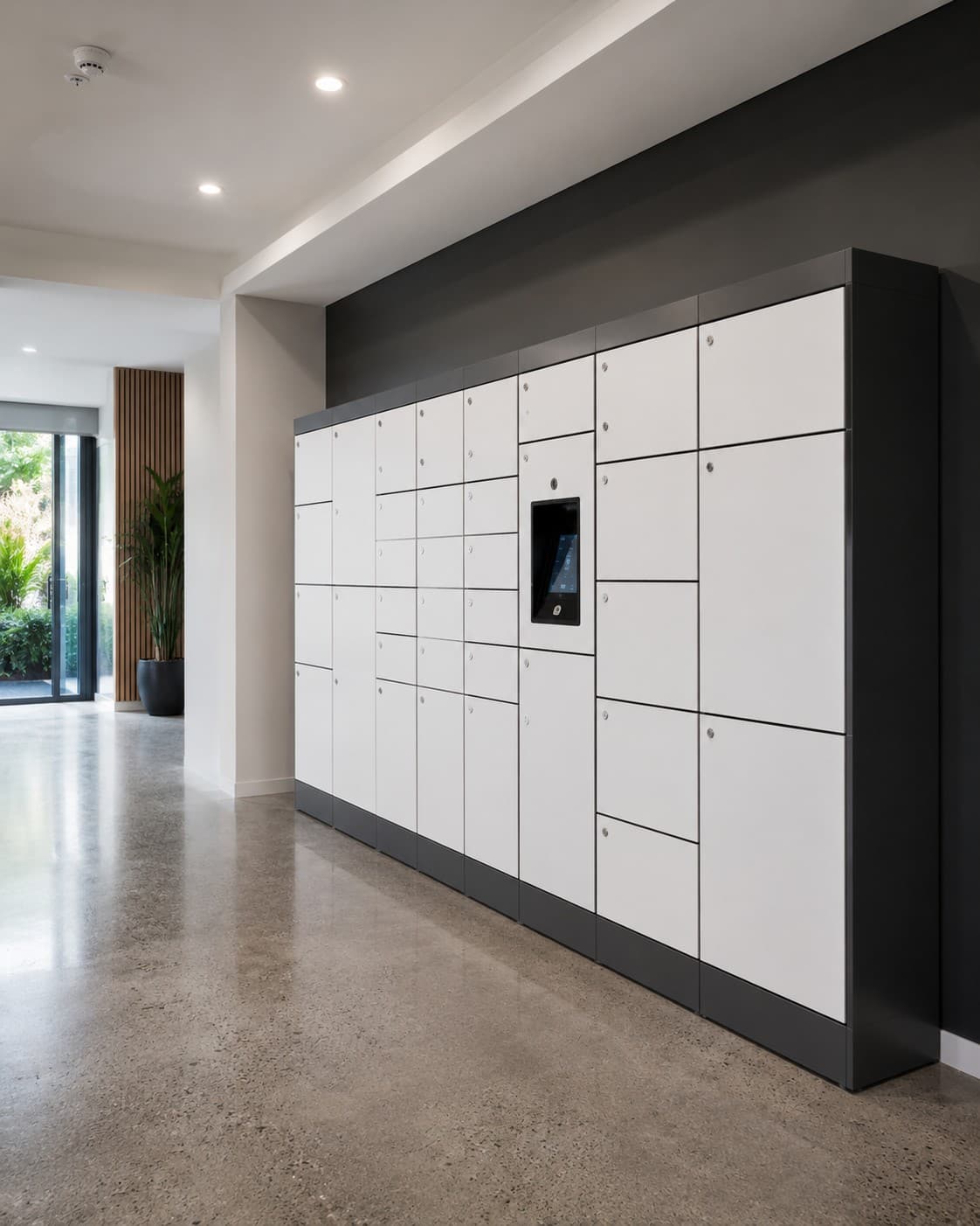 Smart parcel lockers in apartment building lobby